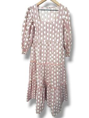 Pink City Prints Pink Block Print‎ Cotton Tiered Midi Dress Square Neck Size M
